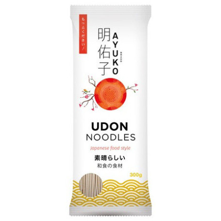 Ayuko Udon Nudler Tørrede 300g - Tykke hvedenudler med en bredde på ca. 3mm der bruges i mange japanske retter. Kan bruges både i Udon nudelsuppe eller i stegte retter som Yaki Udon.