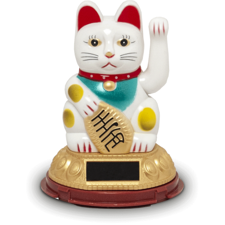 Maneki Neko Hvid Vinkekat/Lykkekat Solcelle 12cm - Maneki Neko er en lykkebringende kattefigur der ses mange steder i Japan og andre asiatiske lande. Denne udgave er 12cm høj og drives af en lille solcelle.