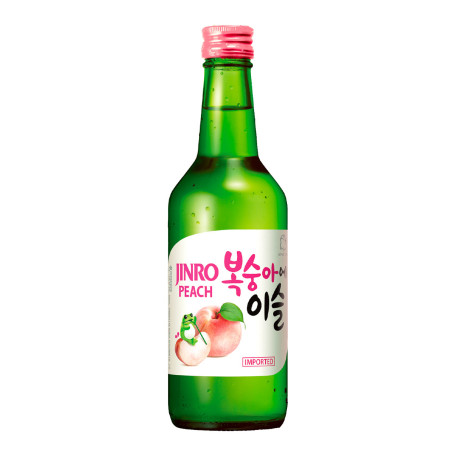 Jinro Peach Flavour Soju 350ml - Koreansk Soju med sød smag af fersken fra populære HiteJinro, der er kendt for deres filtrering gennem bambuskul.