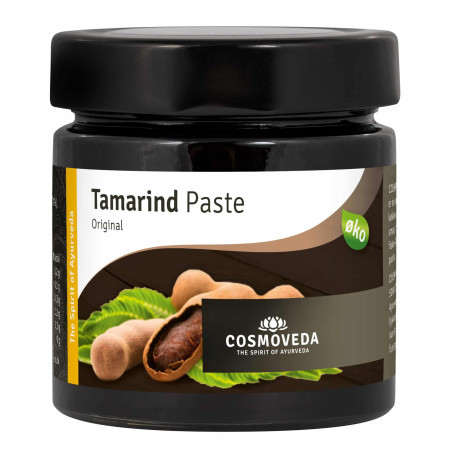 Cosmoveda Økologisk Tamarind Pasta 250g - Tamarind Puré er en tyk, klæbrig pasta fremstillet af en sur, mørk, klistret frugt, der vokser i en bælg på et tamarindtræ.