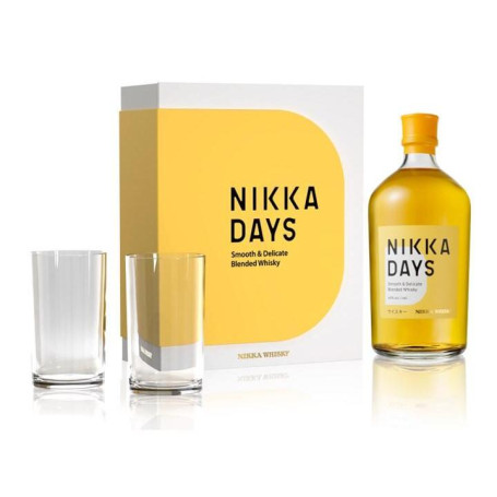 Nikka Days Whisky Gaveæske med 2 Glas - Nikka Days er en lækker blended whisky fra Japans førende whiskyproducent, Nikka. Easy-drinking, med frugt, sødme og et hint af røg. Pakket i æske inkl. 2 glas