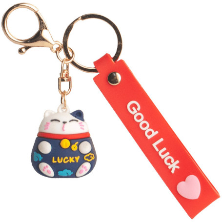 Maneki Neko Lykkekat Nøglering Banner Blå 3cm - Maneki Neko er en lykkebringende kattefigur der ses mange steder i Japan og andre asiatiske lande. Her får du vinkekatten som nøglering med et Good Luck banner.