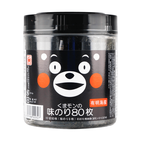 Kimura Kumamon 80 stk. Krydret Nori Tang Snack - I denne bøtte, prydet af Kumamon bjørnens ansigt, får du 80 stk. lækre japanske nori tang snacks med masser af smag og en let, crispy konsistens. 